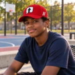 Teenage boy wearing a red SPEAK//UP high-profile baseball cap with white side embroidery beside a basketball court