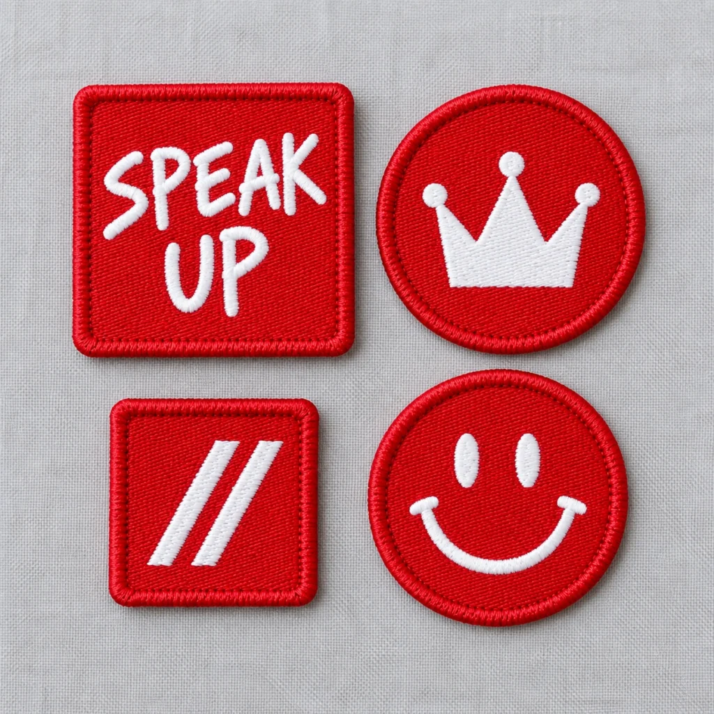 Four red SPEAK//UP embroidered patches with white lettering, a crown, double slash and smiling face on a pale gray background.