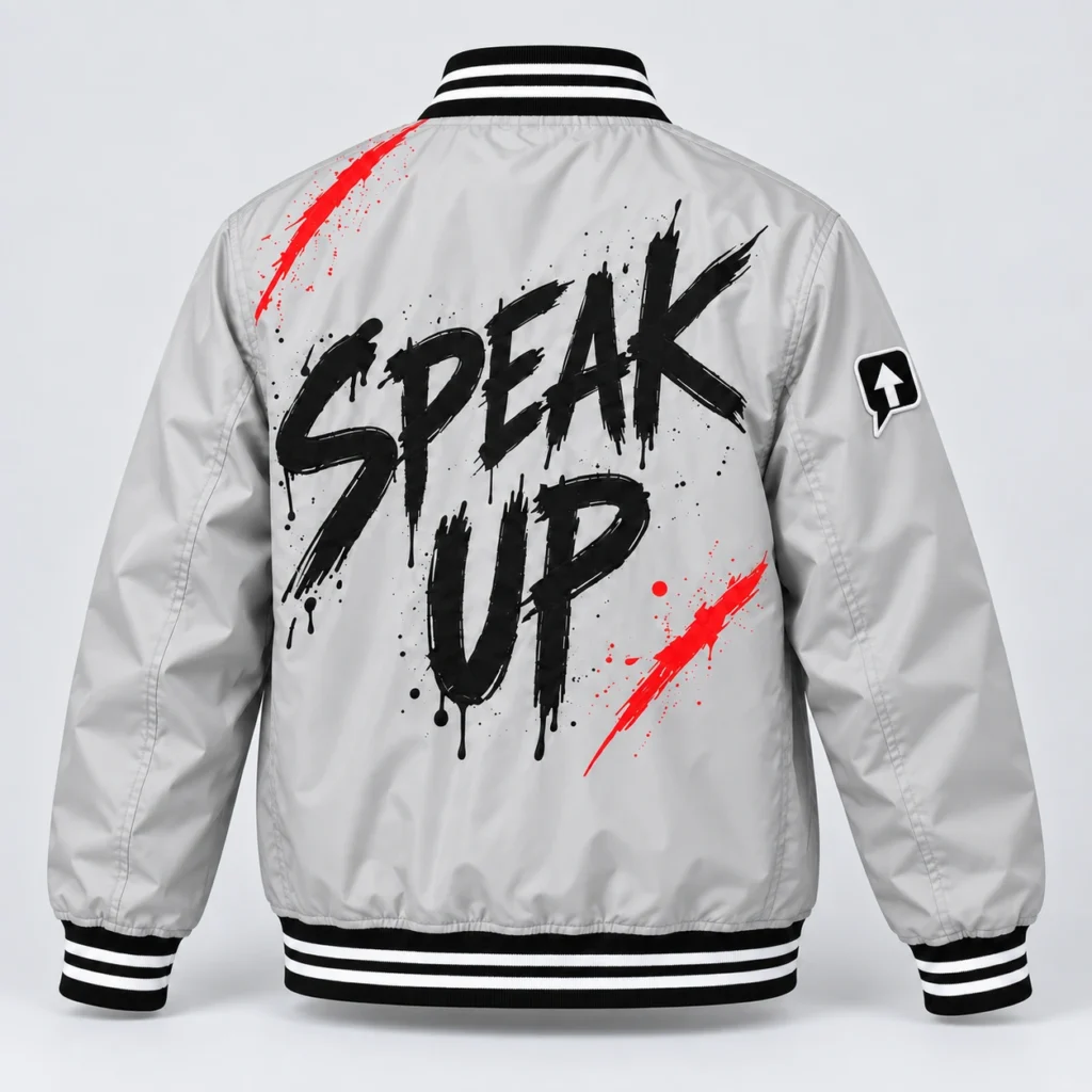 Stone gray SPEAK//UP statement jacket with black Speak Up brush lettering and red back accents, rear view