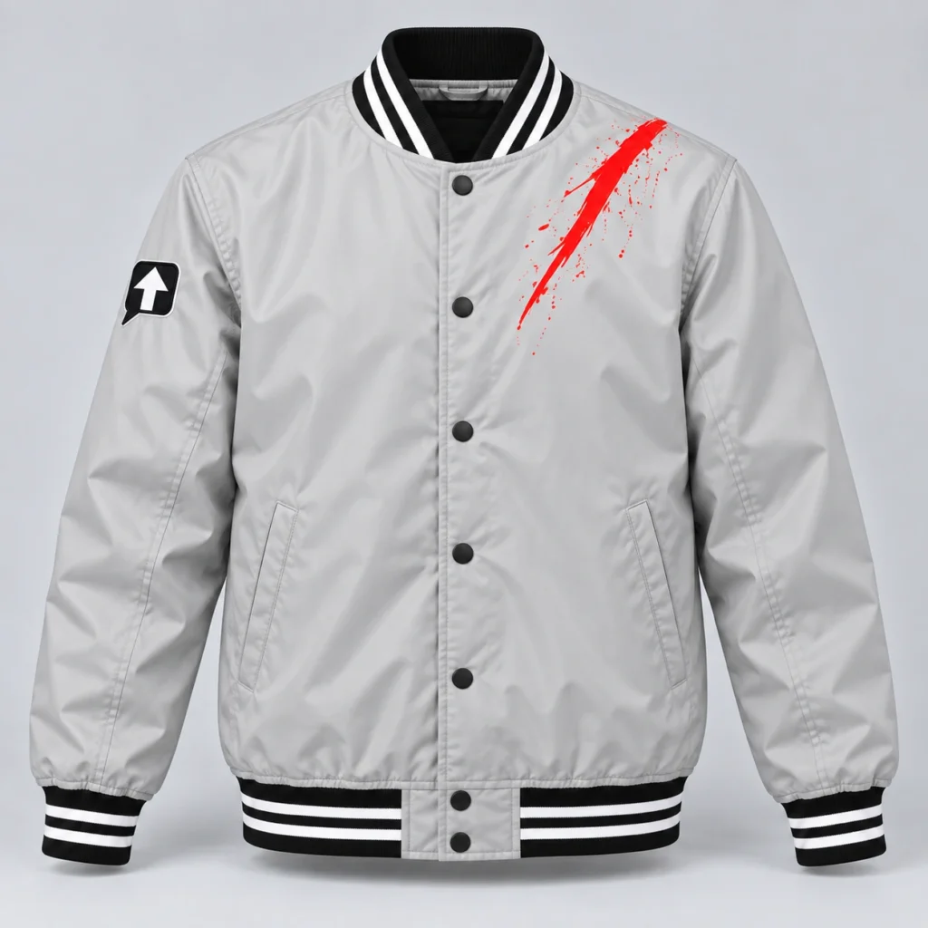 Stone gray SPEAK//UP varsity bomber jacket with a black patch with a white arrow, red shoulder artwork and striped ribbing, front view