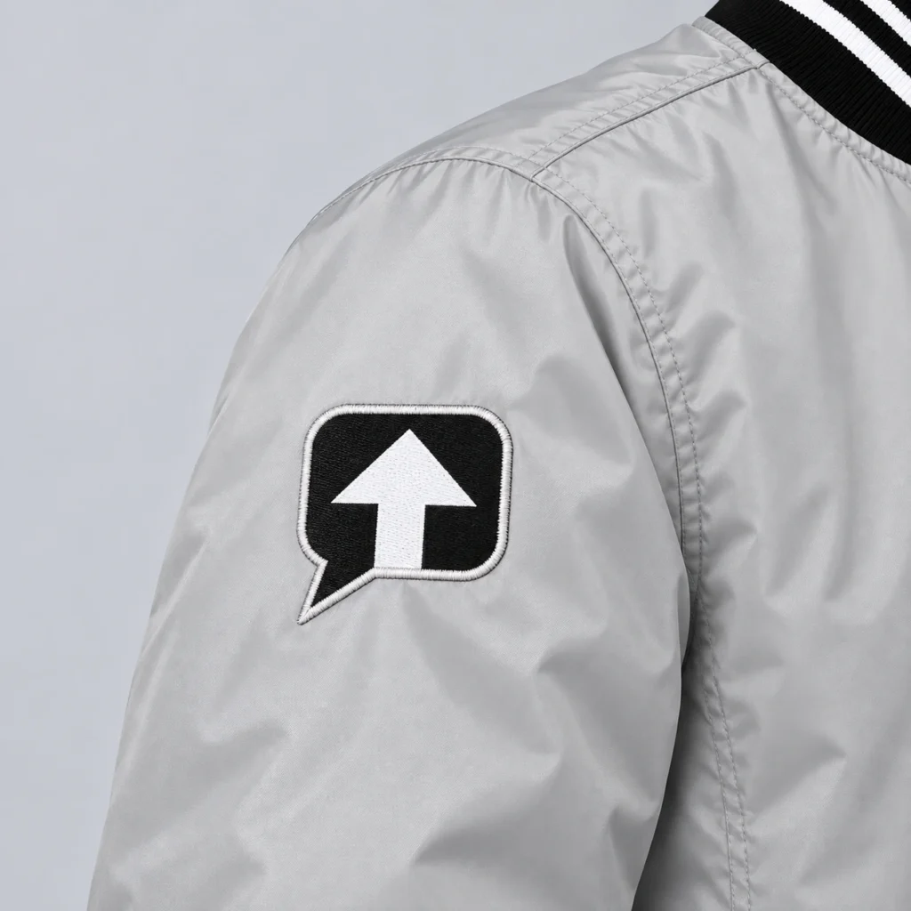 Close-up of the black speech-bubble patch with a white arrow and white stitched edging on a stone gray SPEAK//UP jacket sleeve