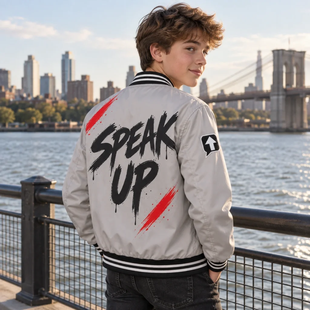 Teen boy wearing a stone gray SPEAK//UP jacket with black Speak Up back lettering on a riverside promenade