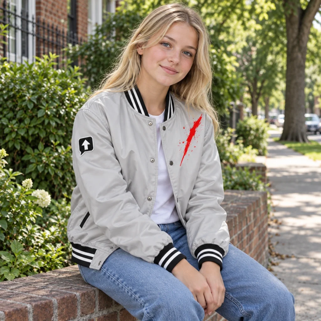 Teen girl wearing a stone gray SPEAK//UP bomber jacket while sitting on a low brick wall