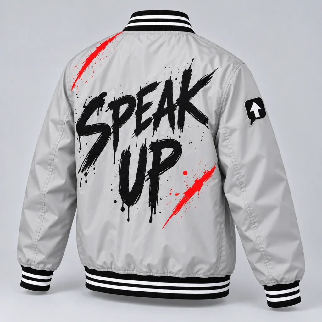 Rear three-quarter view of a stone gray SPEAK//UP bomber showing black back lettering and a black sleeve patch with a white arrow and white border