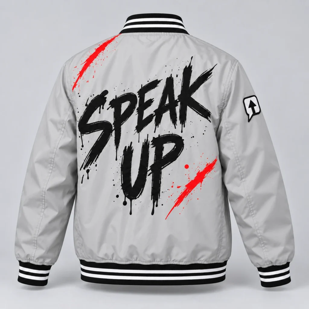 Stone gray SPEAK//UP statement jacket with black Speak Up brush lettering and red back accents, rear view