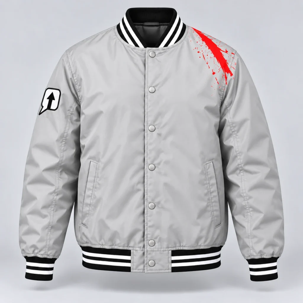 Stone gray SPEAK//UP varsity bomber jacket with a white arrow patch, red shoulder artwork and striped ribbing, front view