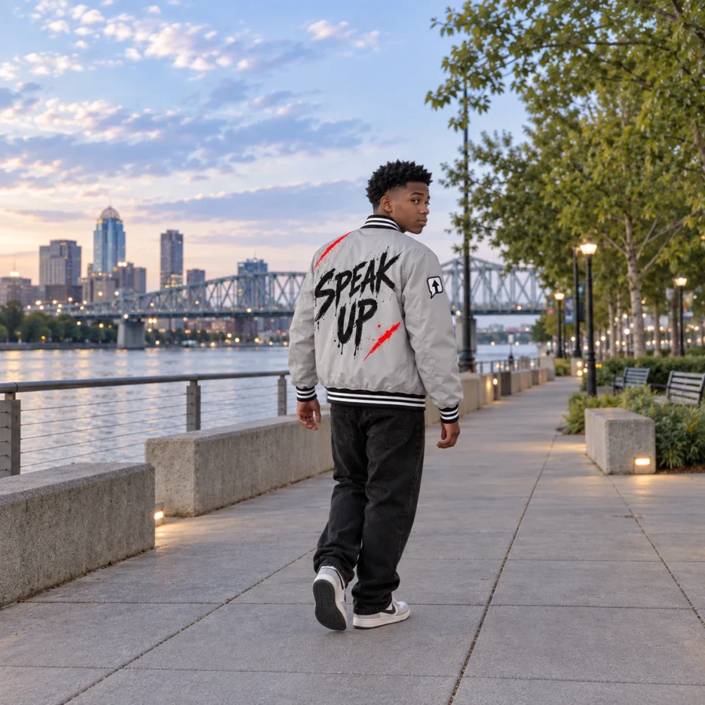 Teen boy wearing a stone gray SPEAK//UP jacket with black Speak Up back lettering on a riverside promenade