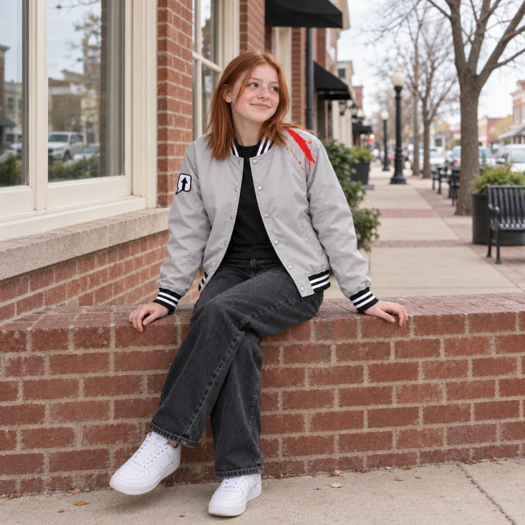 Teen girl wearing a stone gray SPEAK//UP bomber jacket while sitting on a low brick wall