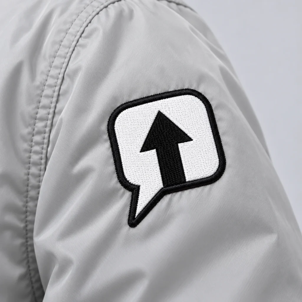 Close-up of the white speech-bubble arrow patch with black stitched edging on a stone gray SPEAK//UP jacket sleeve