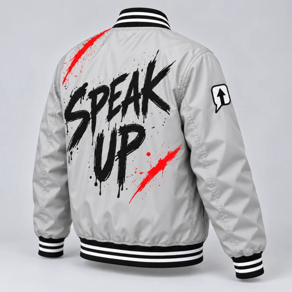 Rear three-quarter view of a stone gray SPEAK//UP bomber showing black back lettering and a white arrow sleeve patch