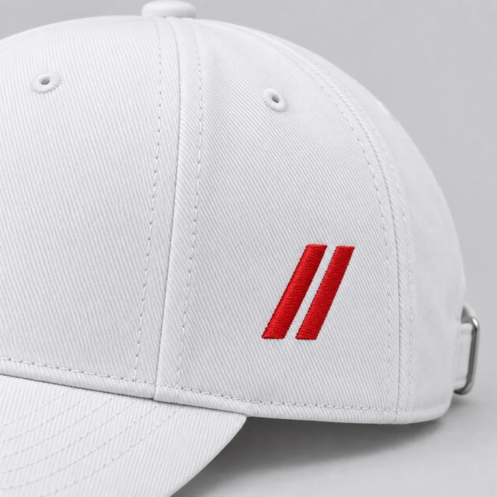 Close-up of red embroidered double slashes on the white SPEAK//UP cap