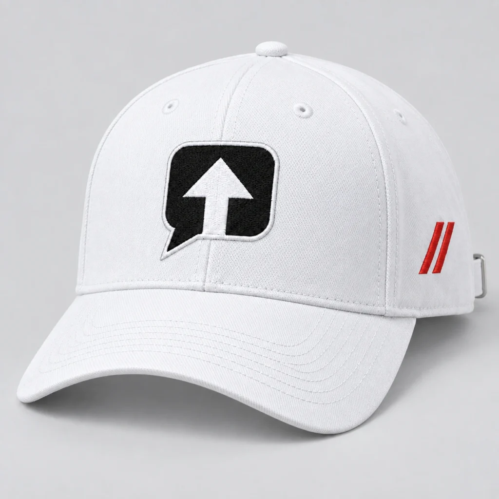 White SPEAK//UP high-profile baseball cap, front view