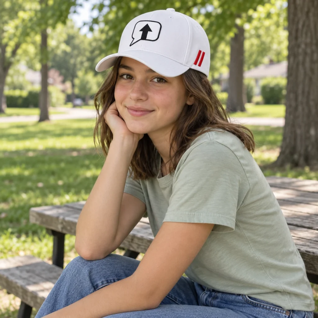 Teenage girl wearing a white SPEAK//UP high-profile baseball cap outdoors