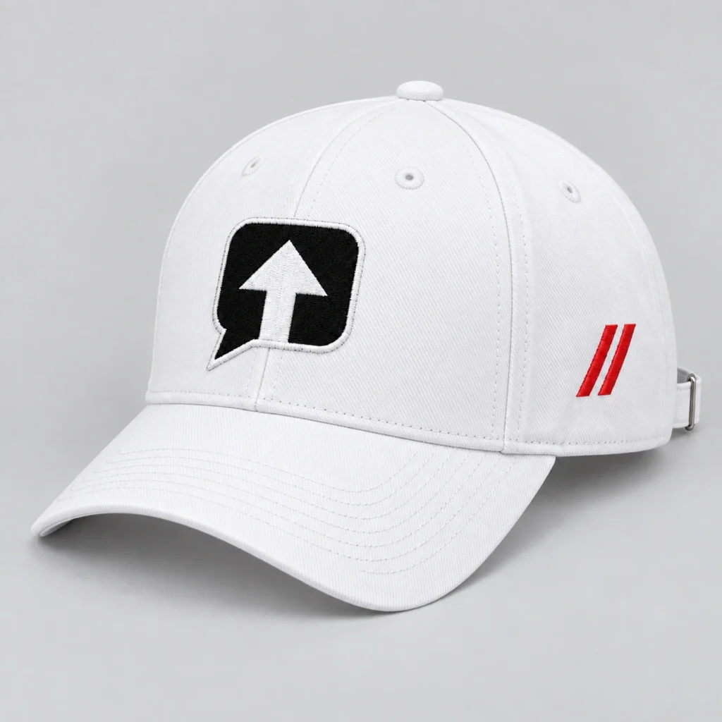 White SPEAK//UP high-profile baseball cap, side view