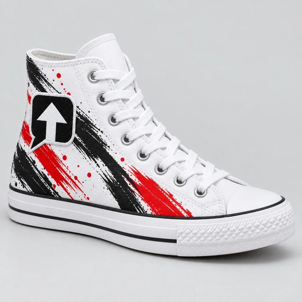 White SPEAK//UP high-top sneaker with red and black artwork and an embroidered arrow patch, front three-quarter view.