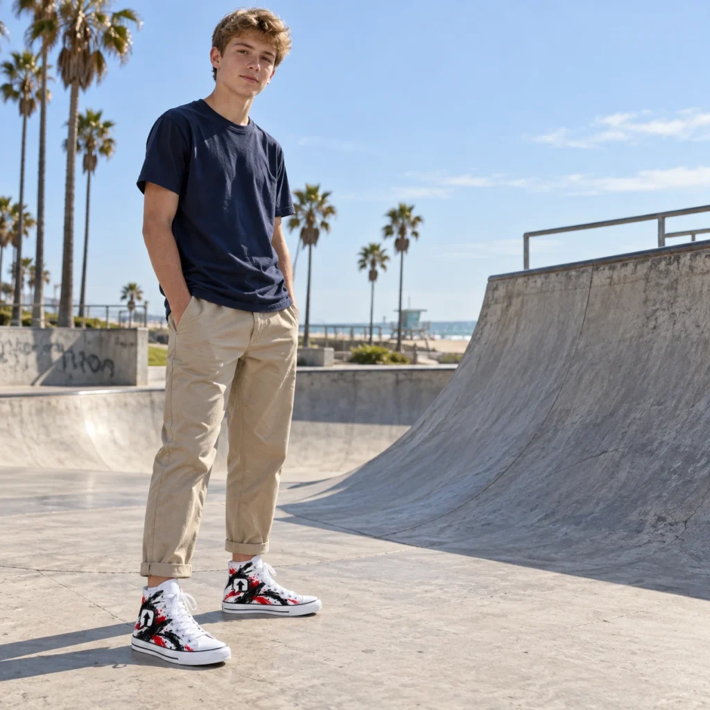 Teen boy wearing white SPEAK//UP high-top sneakers with red and black artwork and beige chinos beside a skatepark ramp.