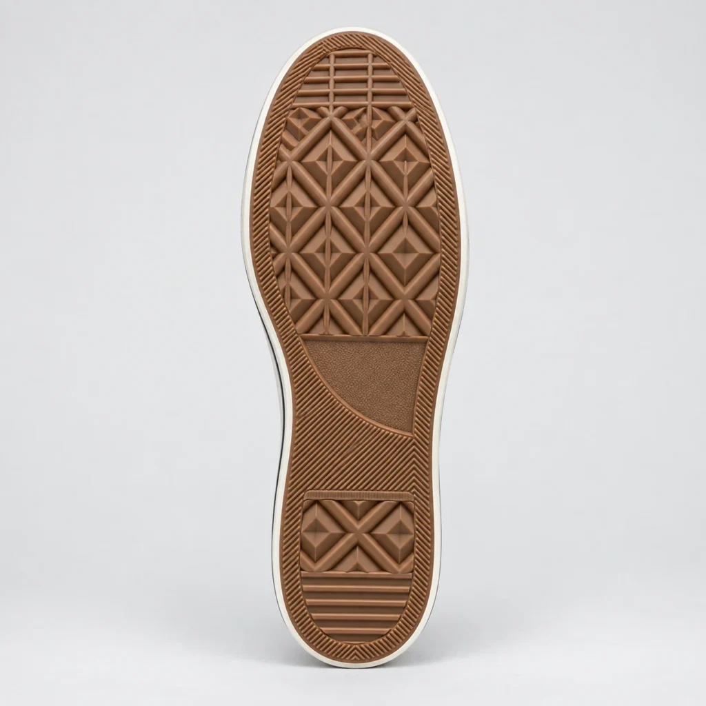 Straight bottom view of the tan rubber outsole of a SPEAK//UP high-top sneaker, showing diamond and chevron tread.