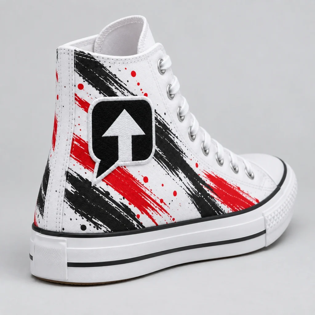 White SPEAK//UP high-top sneaker viewed from behind, showing the heel seam, red and black artwork and embroidered arrow patch.