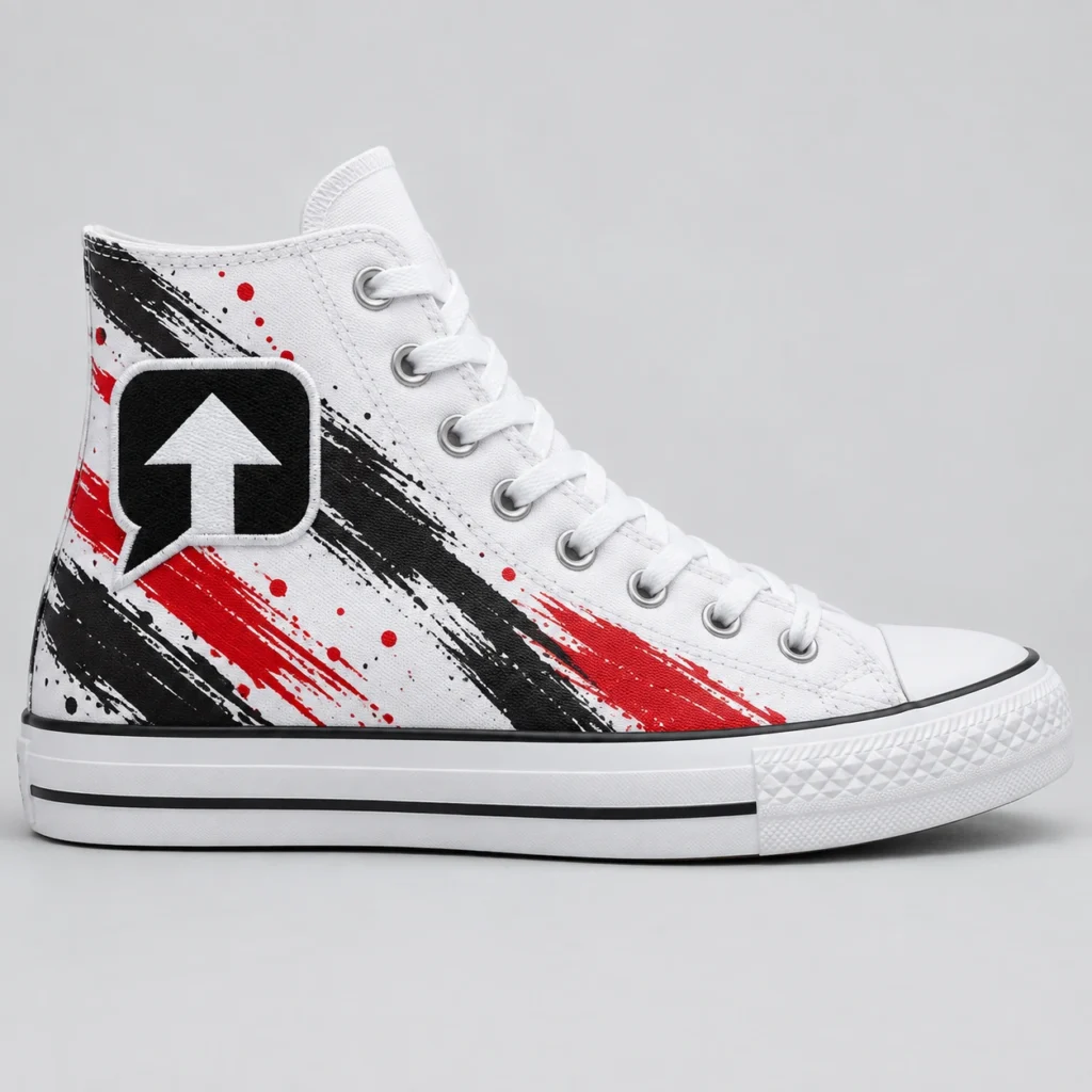 White SPEAK//UP canvas high-top sneaker with red and black artwork and a sewn arrow patch with a white embroidered border, side view.