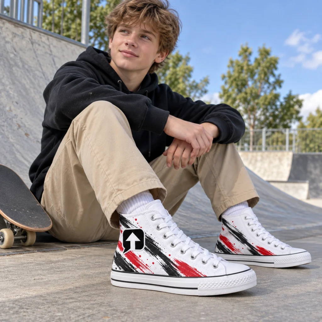 Teen boy wearing white SPEAK//UP high-top sneakers with red and black artwork and beige chinos beside a skatepark ramp.