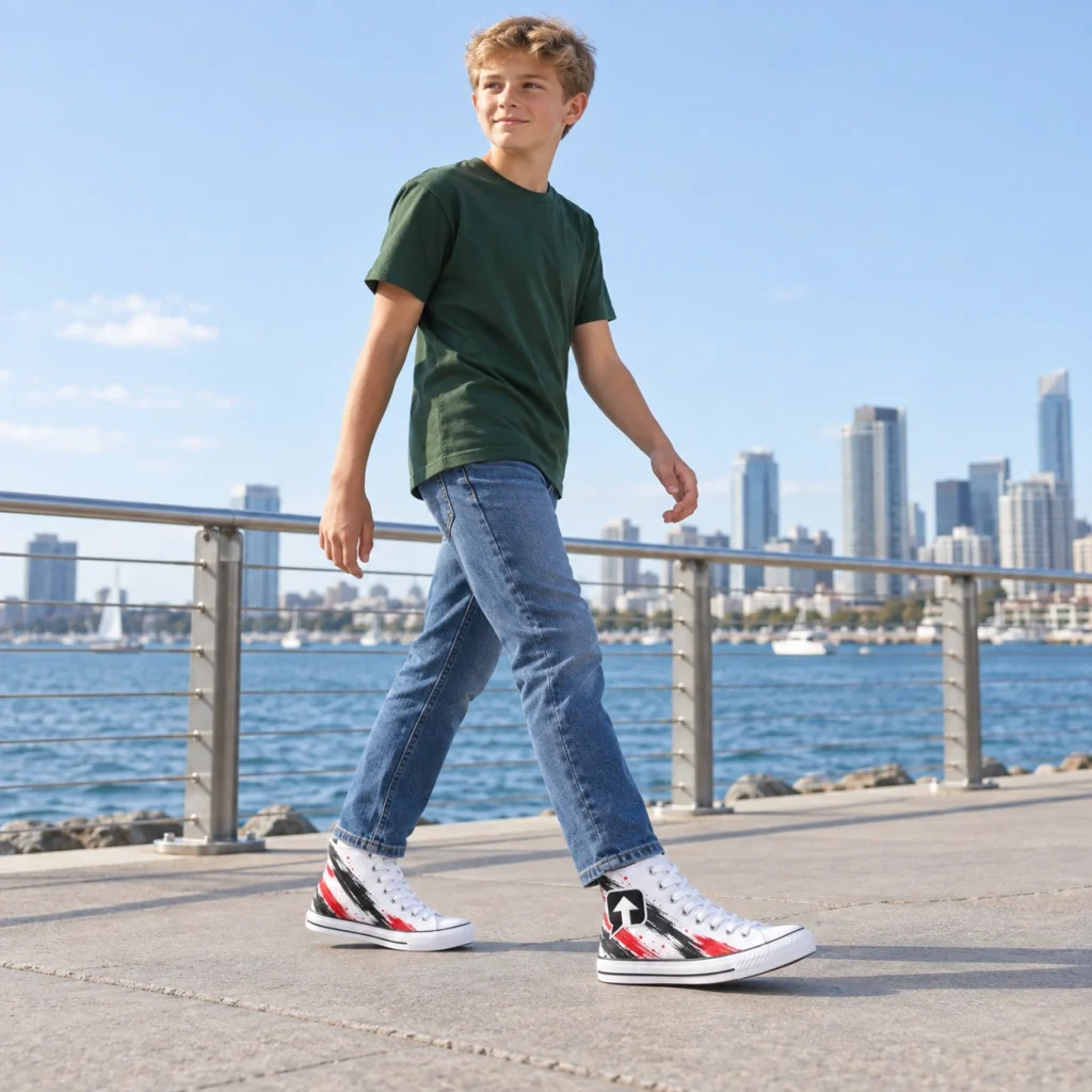 Teen boy walking along a waterfront promenade in white SPEAK//UP high-top sneakers with red and black brush artwork.