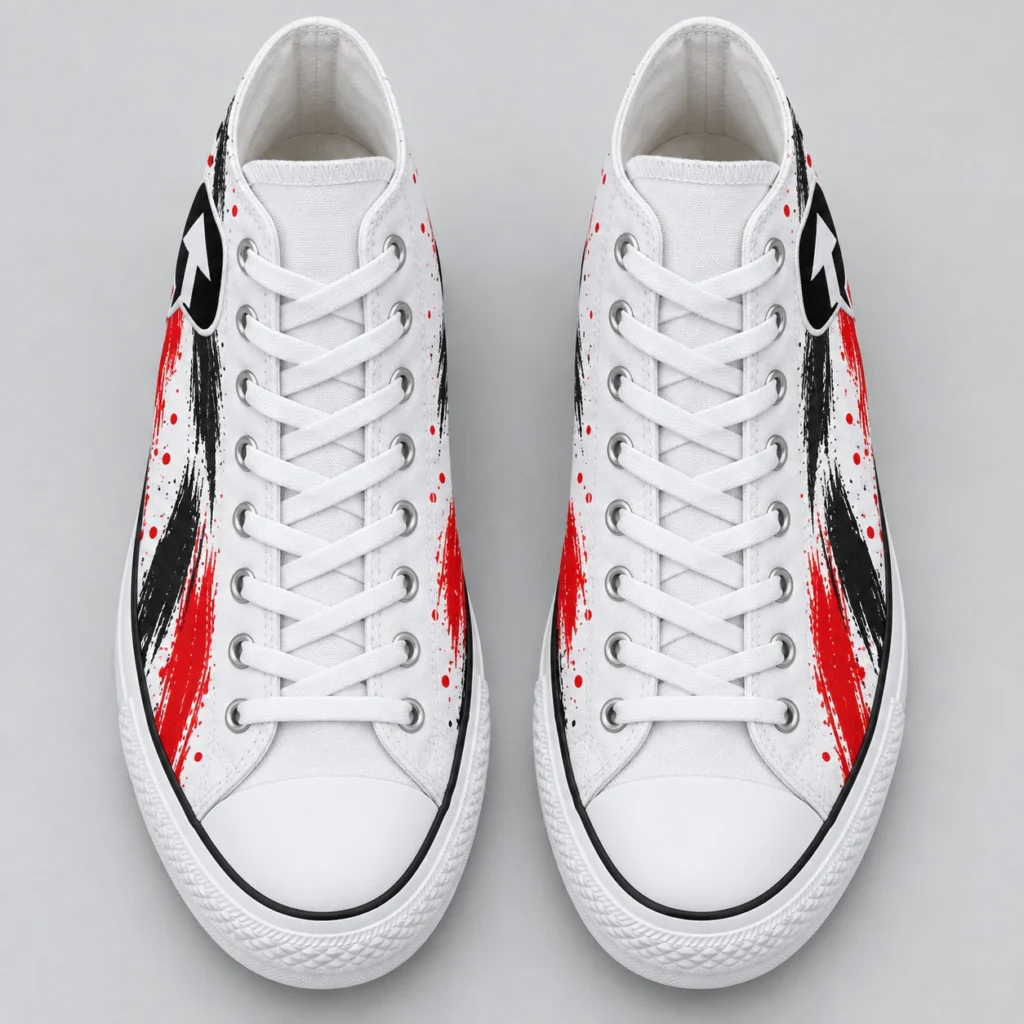 Pair of white SPEAK//UP high-top sneakers viewed from above, showing white laces, red and black artwork and arrow patches.