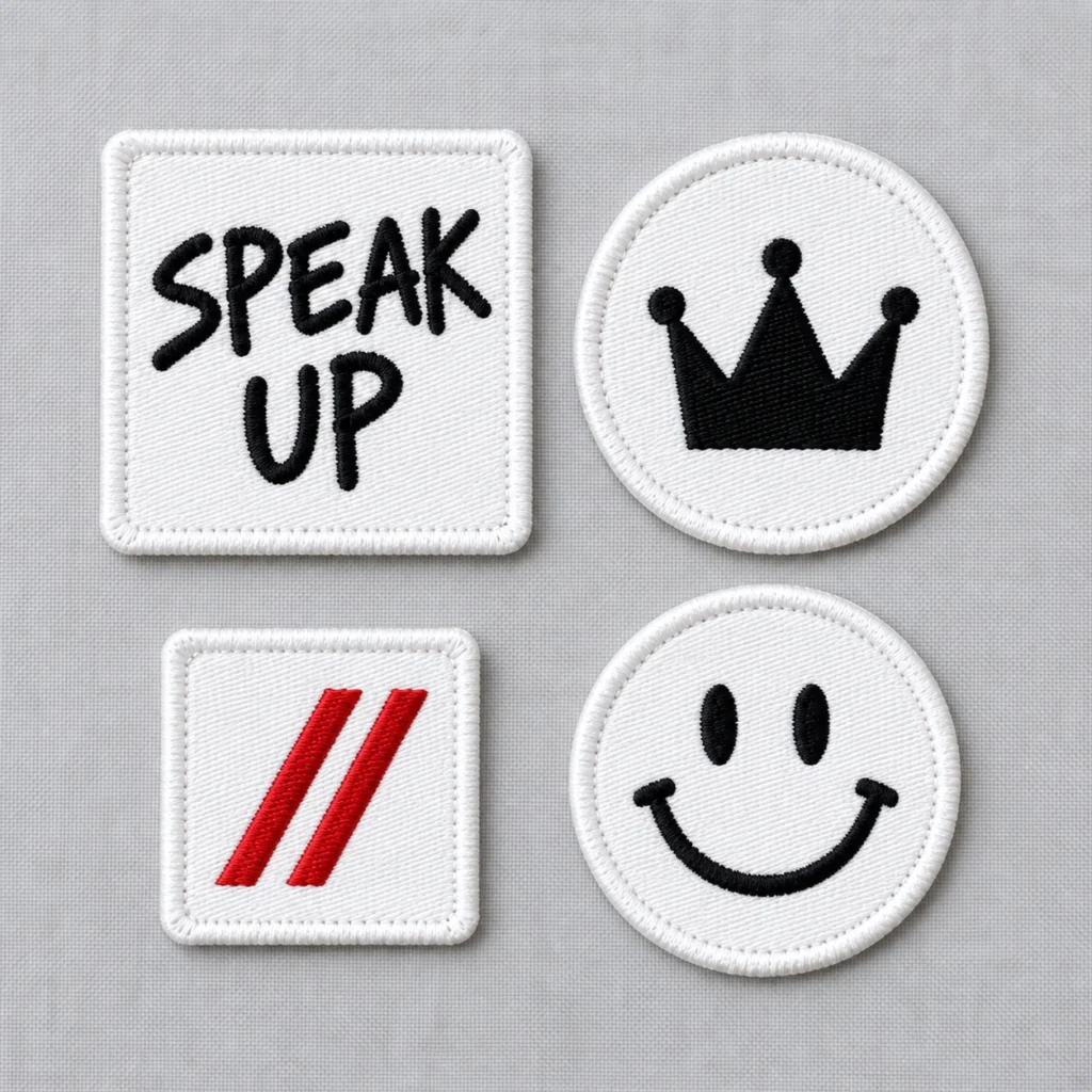 Four white SPEAK//UP embroidered patches with black lettering, a crown and smiling face, plus a red double slash on a pale gray background.